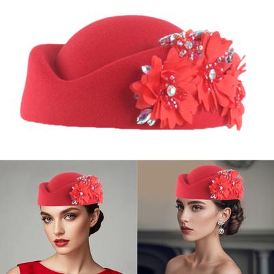 Flower Design Beret Hat for Teaparty Wool Stewardess Hat Church Bowler Hat for Formal Event 1920s Theme Party Headwear