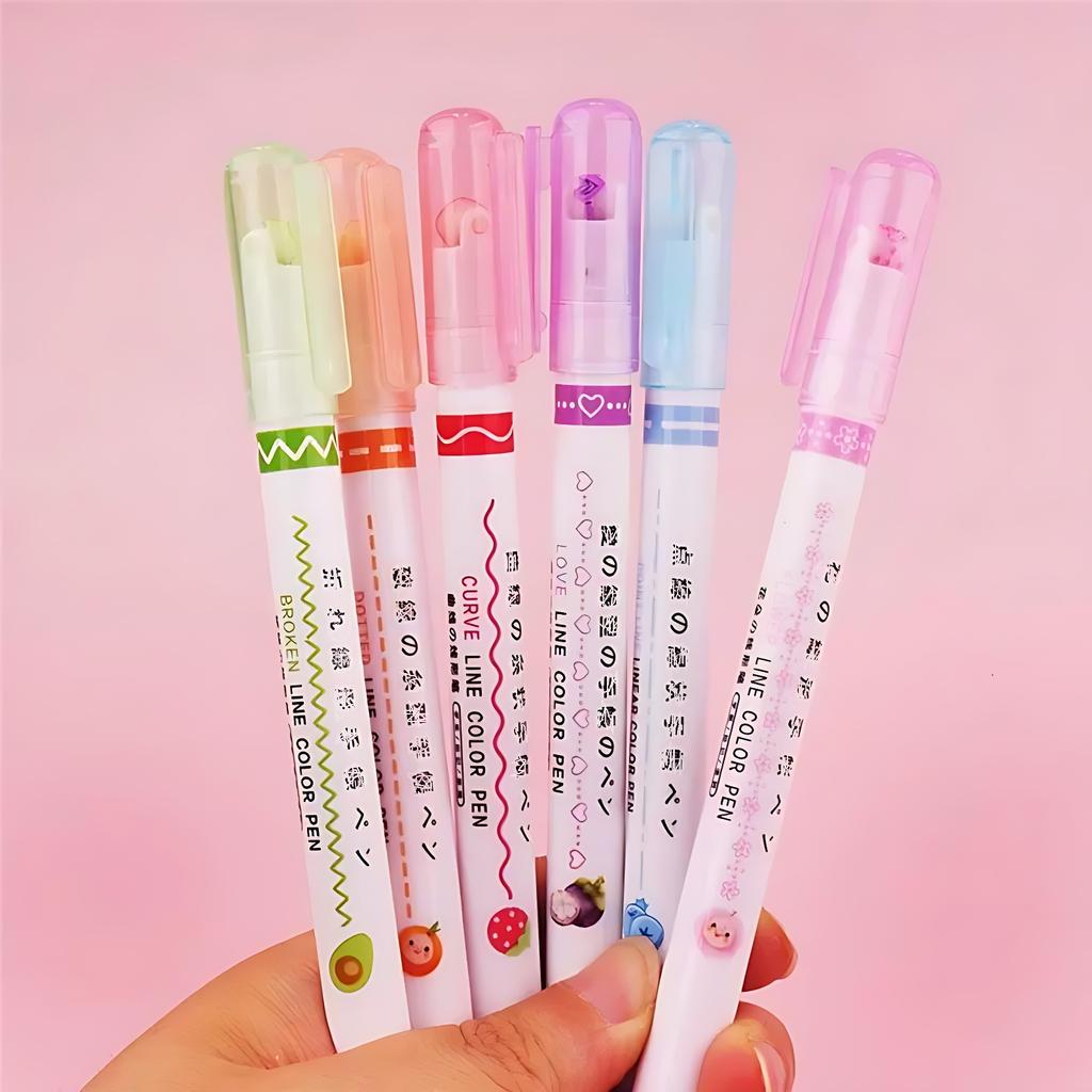 6Pcs Colored Curve Highlighter Pens Set 6 Shapes Roller Tip Marker for Journaling School Supplies
