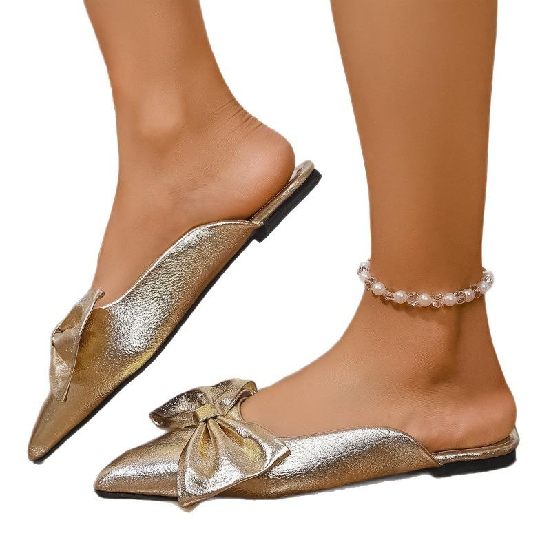 Fashion Summer New Women's Bow Pointed Toe Flat Half Slippers Plus Size Fashion Slip-on Wrap Toe Sandals Outside Wear Soft-soled Mules