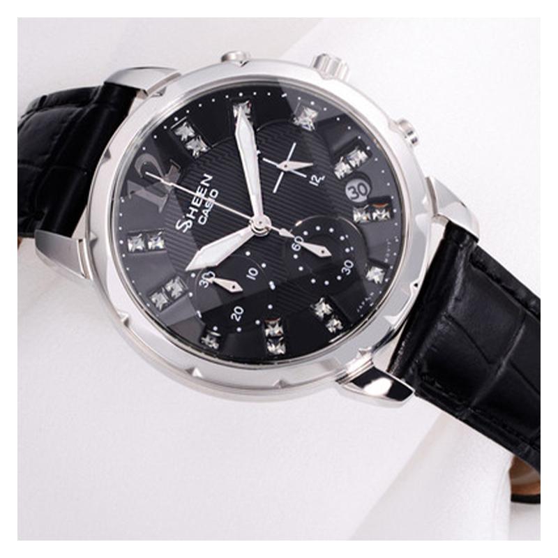 Casio SHEEN series three-hand three-eye unicorn date display Swarovski crystal embellishment waterproof quartz movement leather strap SHN-5010L-1A