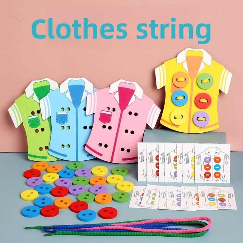 Threading Ropes Wooden Clothes Educational Hand Eye Coordination Toy For Kids