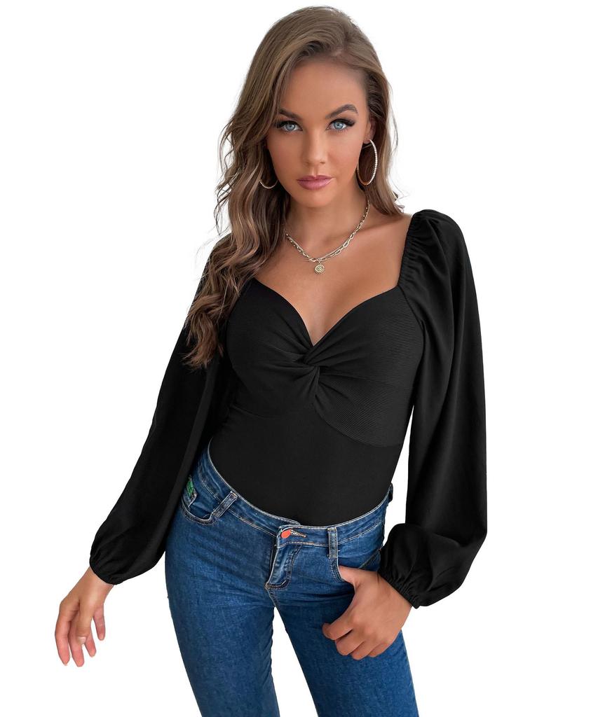 New French Twist Ladies V-Neck Long Sleeve Bodysuit Tight Corset Style Bodysuit Women