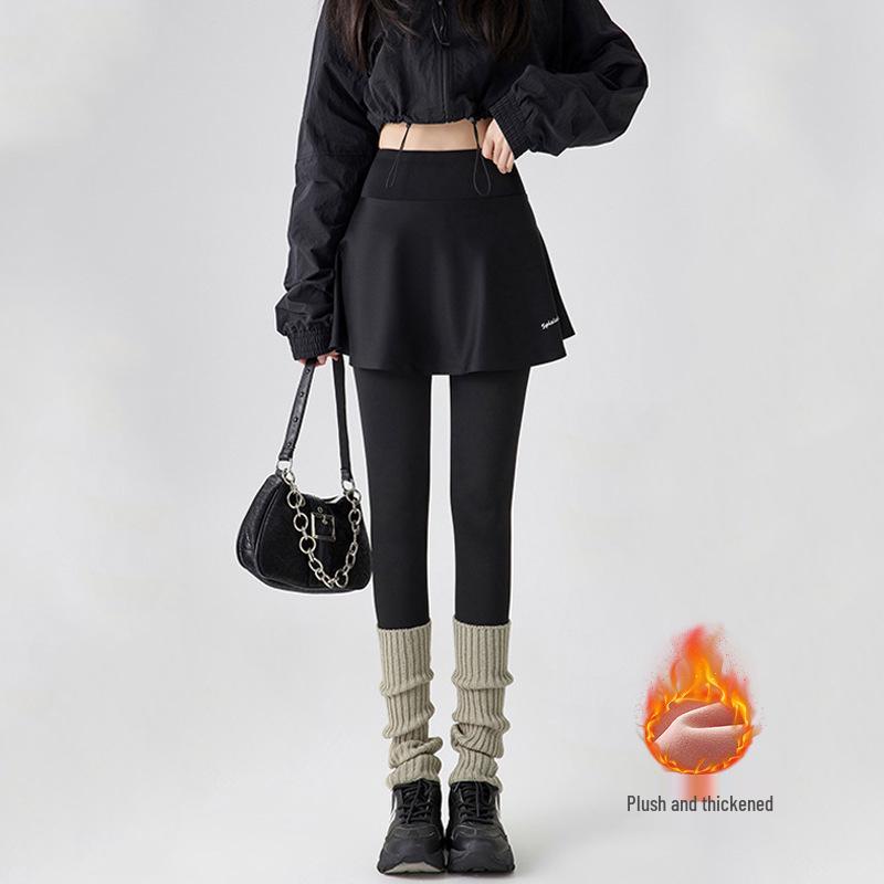 Women's Faux Two-Piece Fleece-Enhanced Shark Pants: Yoga-Style Pleated Skirt and Tights for Spring, Autumn, and Winter.