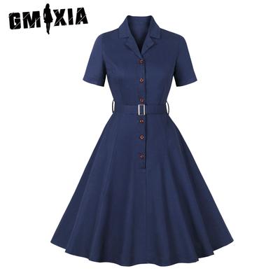 Women's Suit Collar Single Breasted Skirt Vintage Waist Solid Color Dress