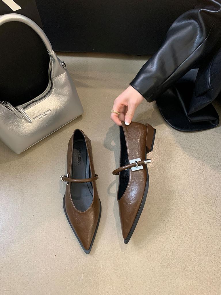 2025 Spring New Women's Heeled Leather Shoes with Pointed Shallow Mouth Breathable and Comfortable Soft Bottom Women's Shoes