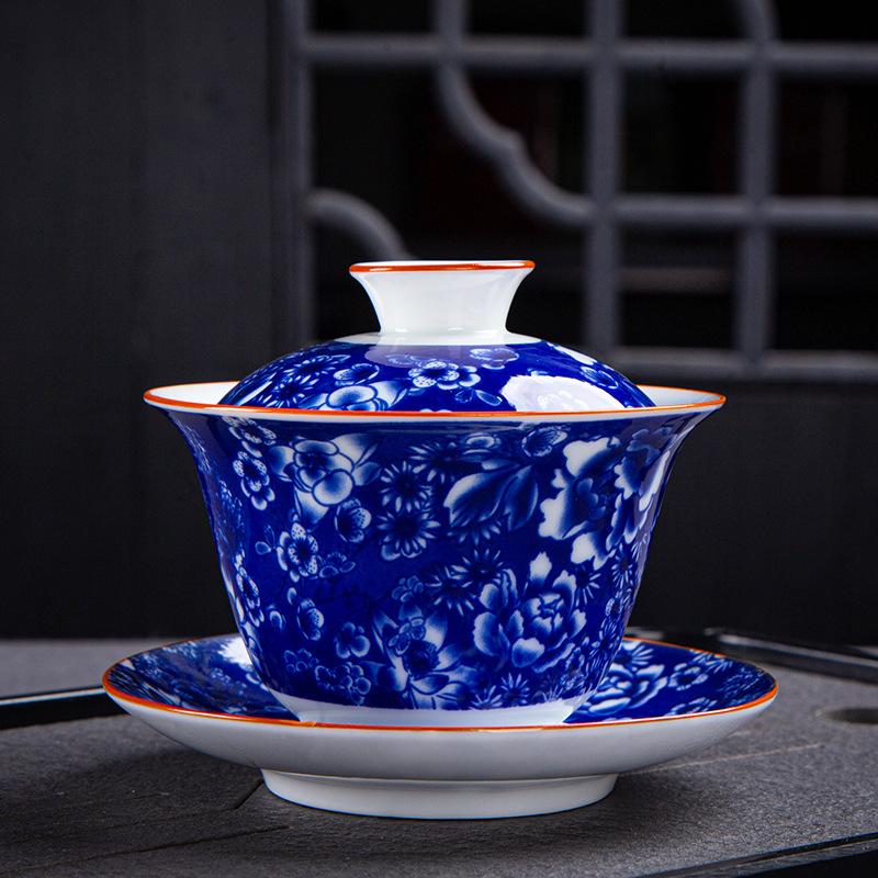 Dehua Gaiwan Cup Ceramic Large Single Sancai Bowl Kung Fu Tea Set Blue and White Porcelain Household