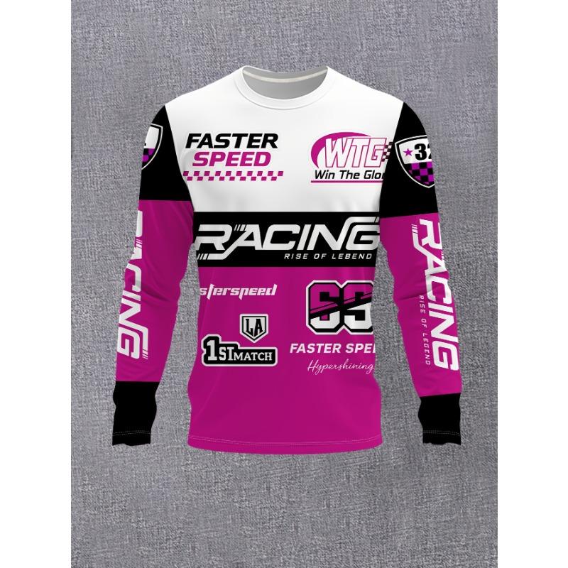 Men's Round Neck/[Print Design - Not Textured] Long Sleeve T-Shirt/Trendy Racing Element Print Top/Casual Letter Pattern/Plus Size
