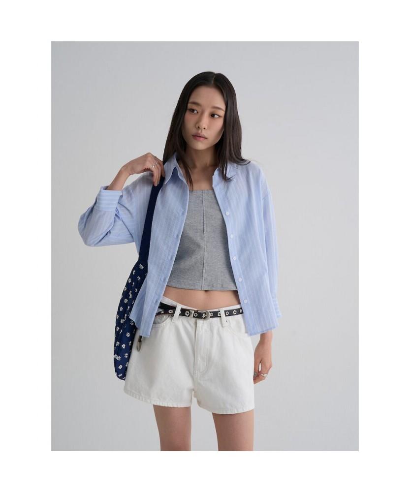 8SECONDS Striped Collared Neck Shirt Blouse Sky Blue