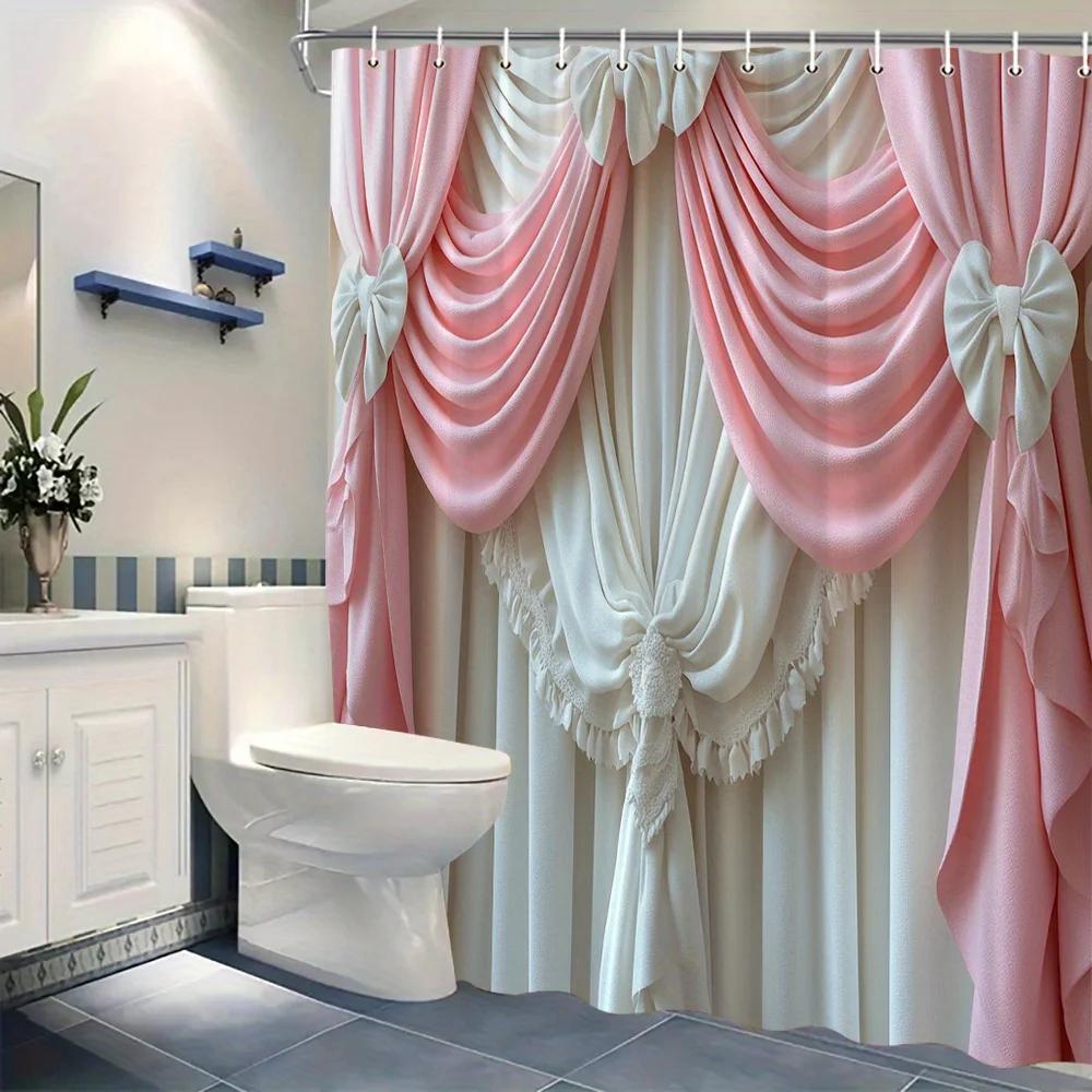 Eleganter Weiß-Rosa Satin-Duschvorhang - Spitzenverzierungen, Blumendekor & Satinschleifen, 12 Haken, Perfektes Umzugsgeschenk
