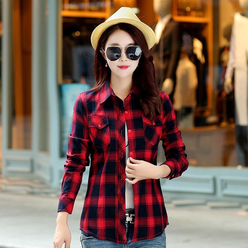 New Cotton Women's Shirts Grid Plus Size M-5XL Blouse Shirt Casual Long Sleeve Checkered Shirt  Turn-down Collar Streetwear