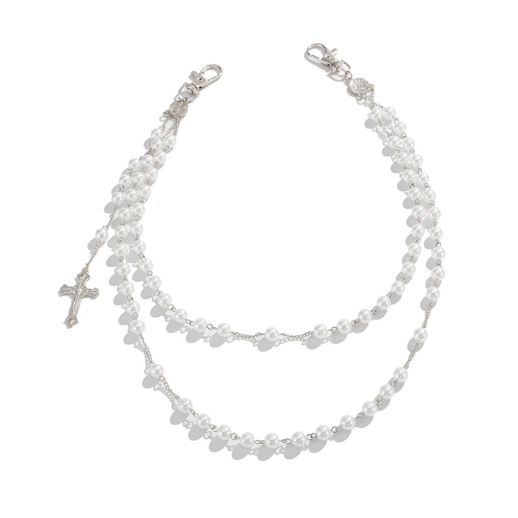 Fashion Cross Pendant Trouser Chain, Cold Style Imitation Pearl Beaded Fringed Waist Chain Pendant