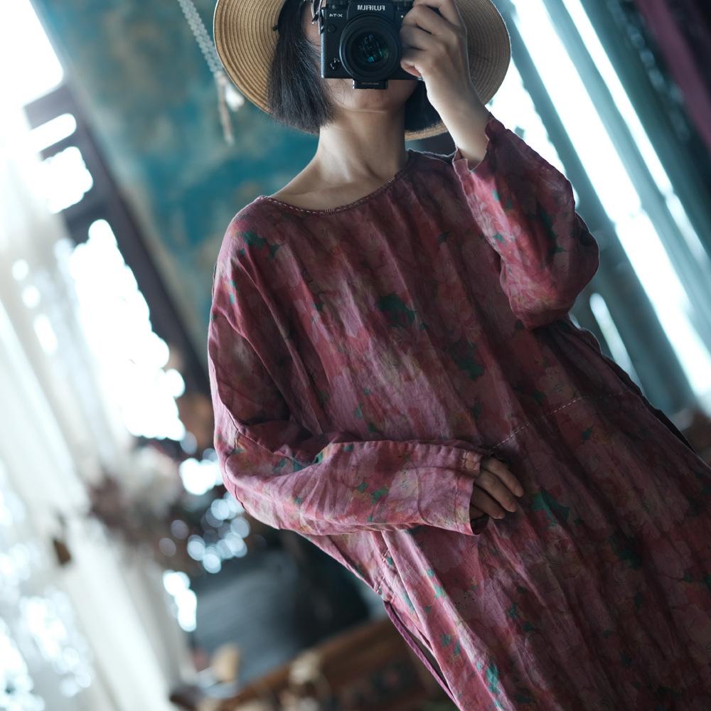 Johnature Women Vintage Print Floral Dresses O-Neck Long Sleeve Autumn Fall High Quality Women Loose Dress