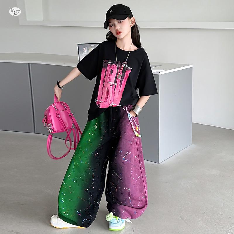 Girls' Summer 2026 Wide-Leg Pants & Loose T-shirt Set - Trendy Printed Design for Medium & Large Kids