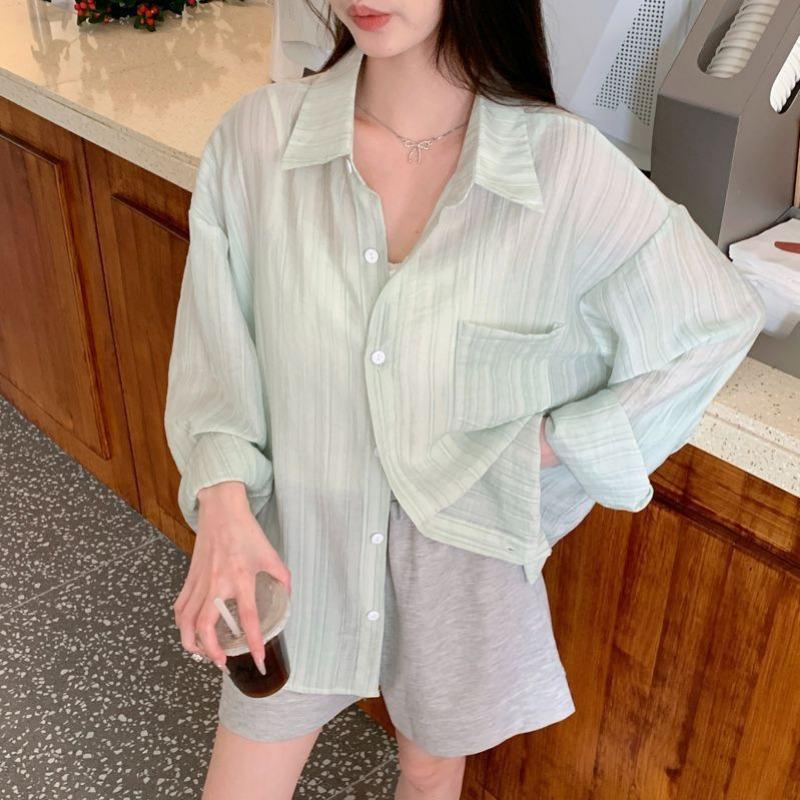 Mint Green Striped Women Long Sleeve Loose Casual Summer Shirt M