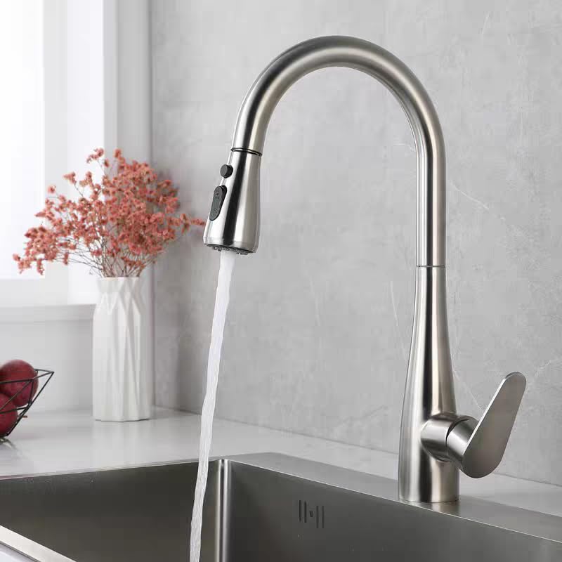 Kitchen mixer brushed nickel with 60cm extendable hose and faucet, single-lever tap, finish, pull-down type, pull-down spray.