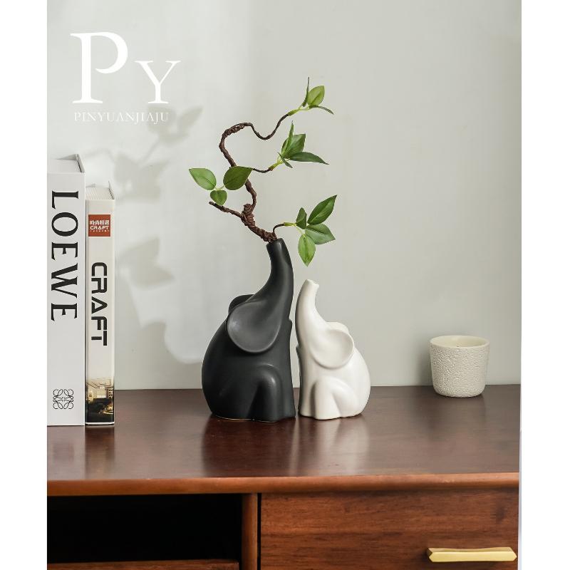 Modern Nordic-style Elephant Vase Ornaments, Artificial Flowers, High-end Home Entrance Decoration, Living Room and Office Gifts