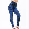 Multi Pockets Skinny Imitation Jeans Leggings Hip Lifting Ripped Holes Print Mid Waist Elastic Pants for Sports