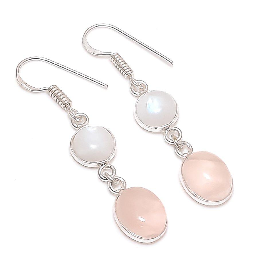 Natural Rose Quartz, Moonstone 925 Sterling Silver Jewelry Earring 1.85" E5g14