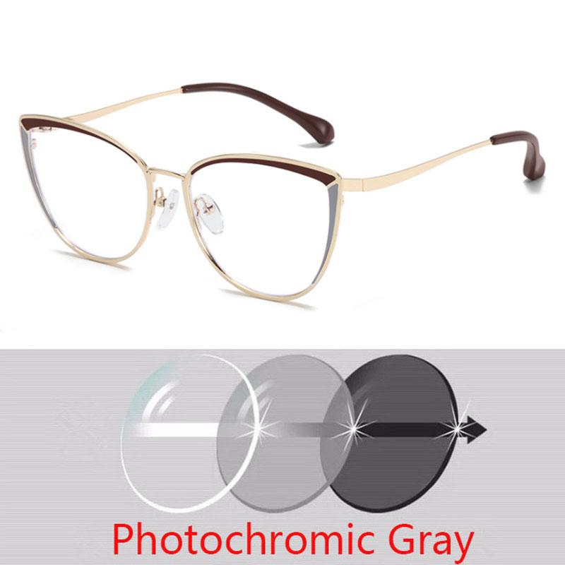 Anti-blue Light Cat Eye Prescription Spectacle Women Myopia Lens Photochromic Eyeglasses Diopter 0 -0.5 -0.75 -1.0 -2.0 To -6.0