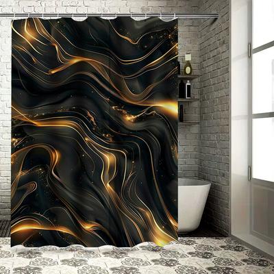Luxurious Shimmering Black Gold Shower Curtain Modern Wave Design For Bathroom Decor