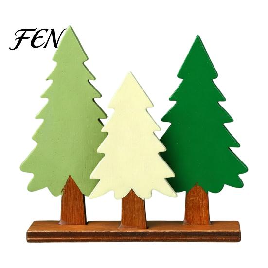Handcrafted Wooden Tree Christmas Table Sign, 3 Colors Pine Sign with Holiday Desktop Ornament Base, Rustic Xmas Decoration for Party