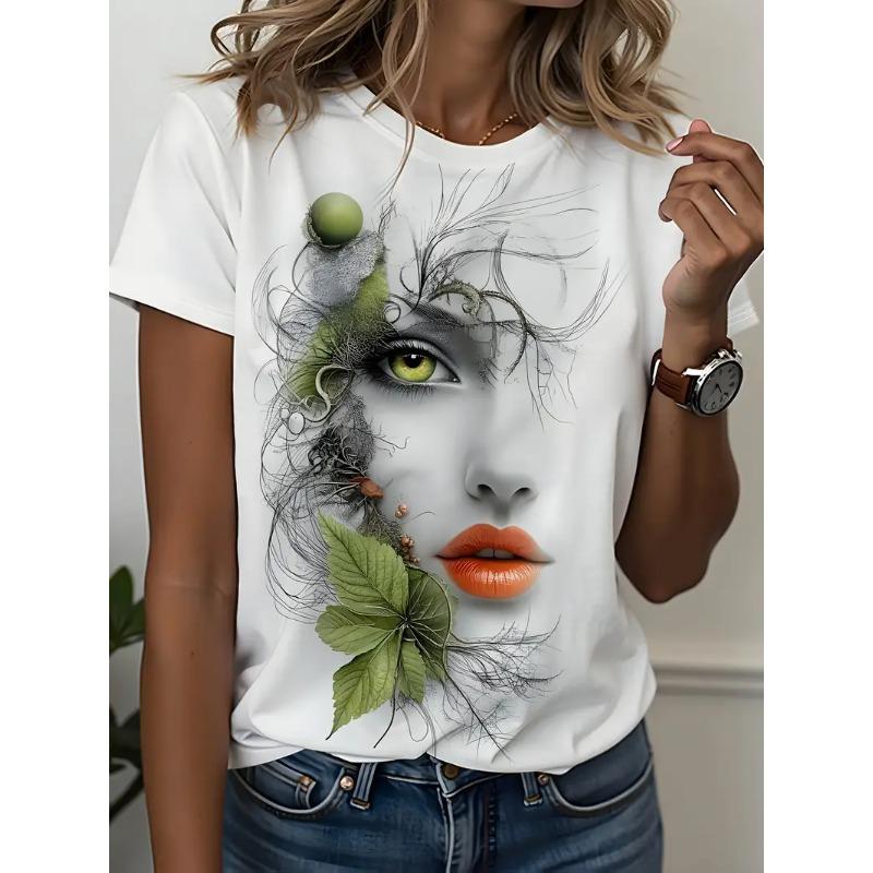 Summer T-shirt Ladies Abstract Art Portrait 3d Printing Fashion Casual Tops Contrast Color Design Women's Clothing