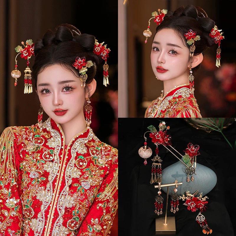 Chińska biżuteria ślubna na głowę: 2025 Spinka do włosów z Koroną Feniksa i Frędzlami do Sukni Smoka i Feniksa.