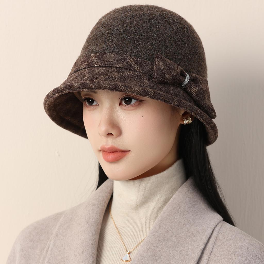 Autumn and Winter Hat Women's Retro Bucket Hat Middle-aged and Elderly Elegant Temperament Bow Mother Hat