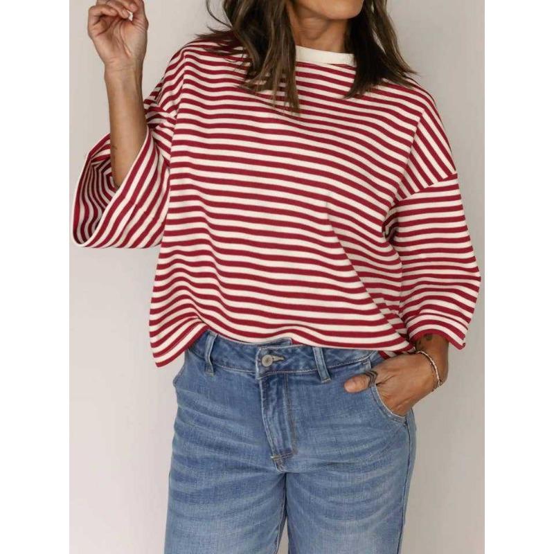 New Women's Round Neck Striped Back Tie Bow Pullover Knitted Top