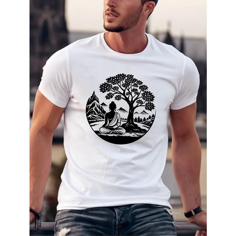 European sizes Men'S Summer Casual Round Neck T-Shirt Meditation Silhouette, Slight Elasticity, Regular Pattern, Geometric Pattern