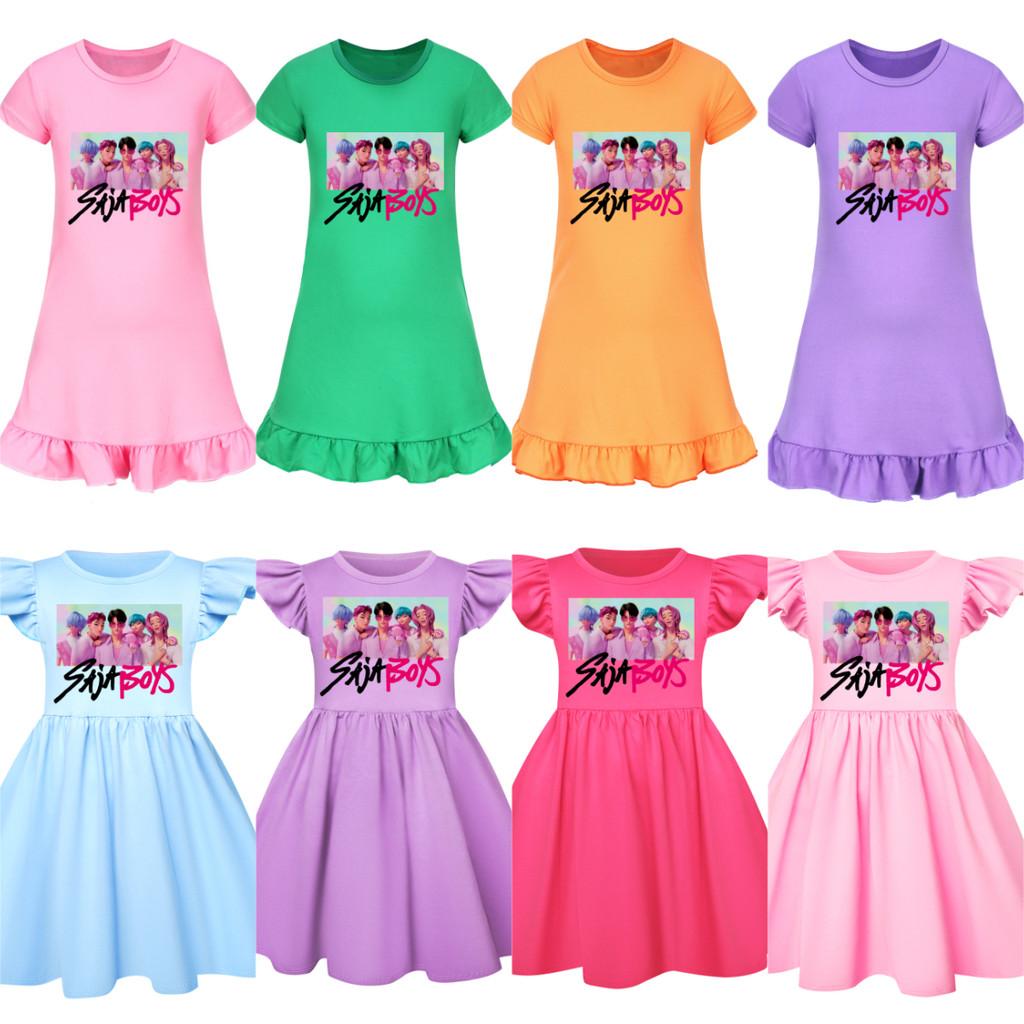 5028 Kids Girls Sajaboys Mira Zoey Rumi Printed Ruffle Short Sleeves Casual Dress