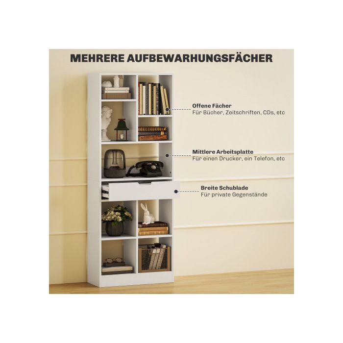 Bibliothèque - MUVOE - 9 Étagères - 1 Tiroir - 60 X 26 X 158 Cm - Blanc