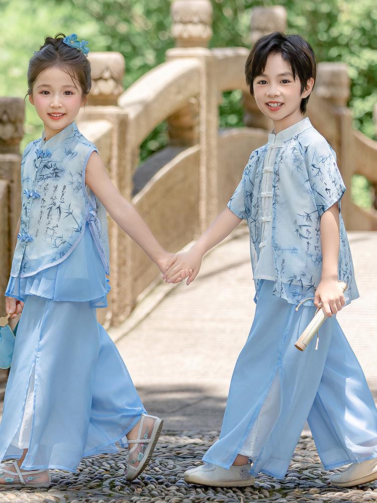 Kids' Hanfu: Emerald Bamboo & Orchid Tang Suit Set - Summer Chinese Style for Boys and Girls Performance