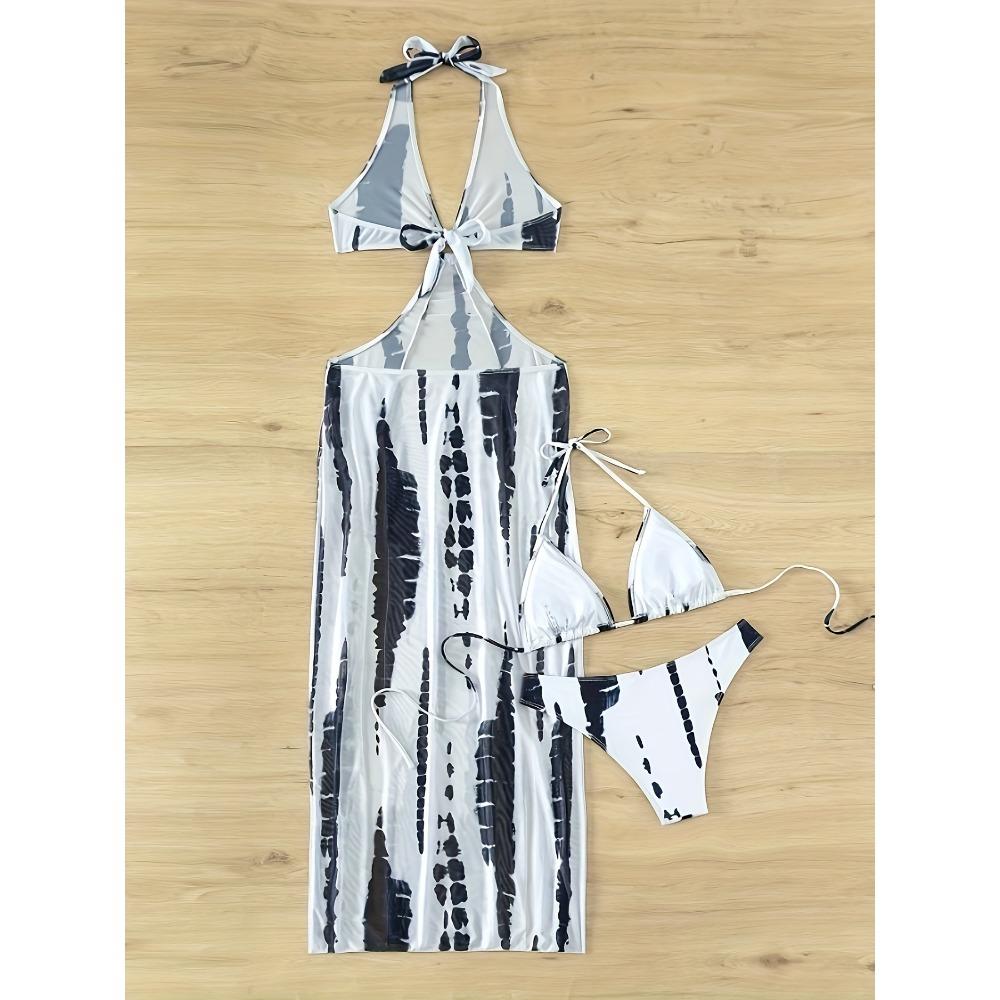Tie Dye 3 Piece Set Bikini, Halter Neck Triangle High Cut With Ring-Linked Mesh Cover Up Dress Swimsuits, Women's Swimwear & Clothing