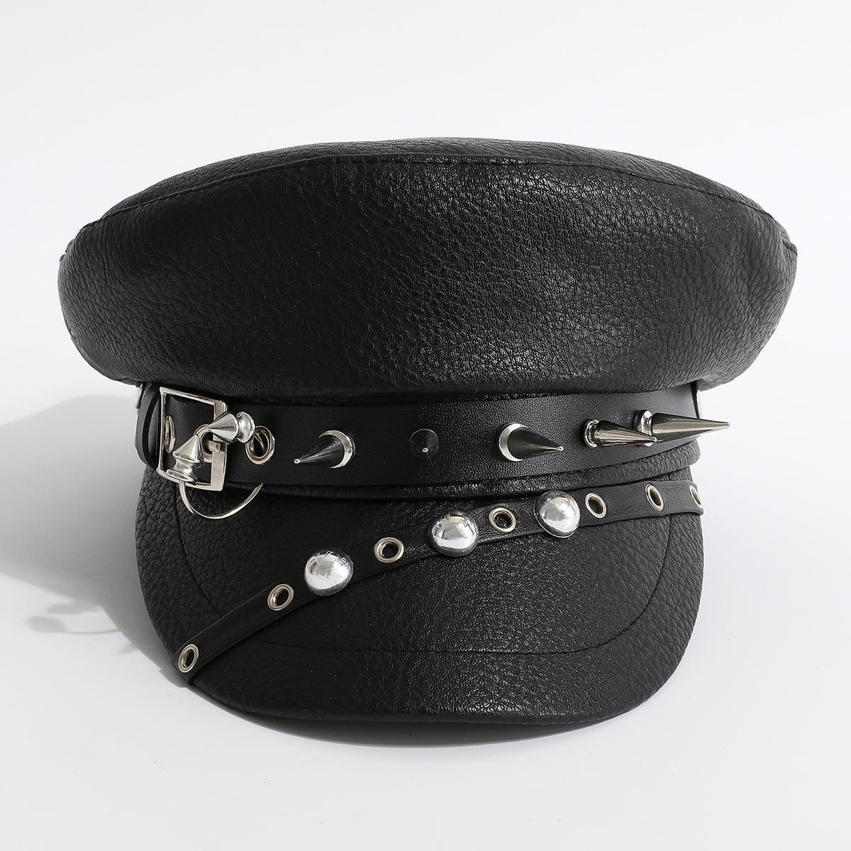 

Leather Rivet Show Navy Hat Skinny Cap Niche Punk Hip Hop Beret M adult one size fits all (56-58cm)