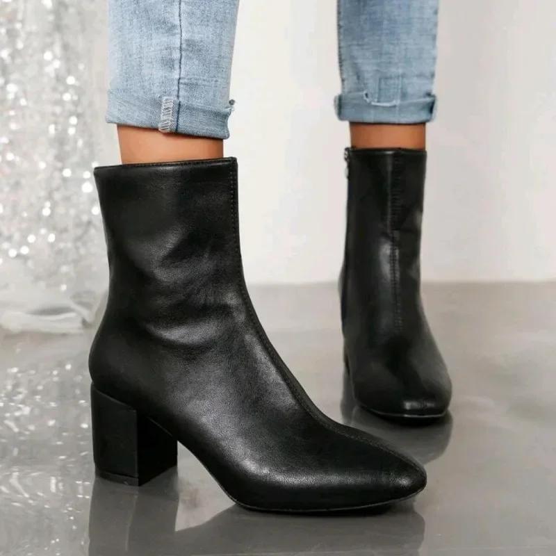 Mode Kurze Stiefel Damen 2024 Herbst Neu Hohe Absätze Dicker Absatz Quadratische Spitze Seitenreißverschluss Damen Stiefeletten Schwarz Botas Mujer