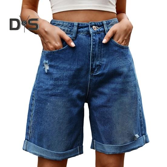 Καλοκαιρινά Γυναικεία Τζιν Σορτς Μήκους Μέχρι το Γόνατο Με Μέση που Φτάνει Μέχρι τη Μέση Ελαστικά Καθημερινά Φαρδιά Ίσια Πόδια Ξεβαμμένα με Μανσέτες Τζιν Σορτς Παντελόνια με Τσέπες