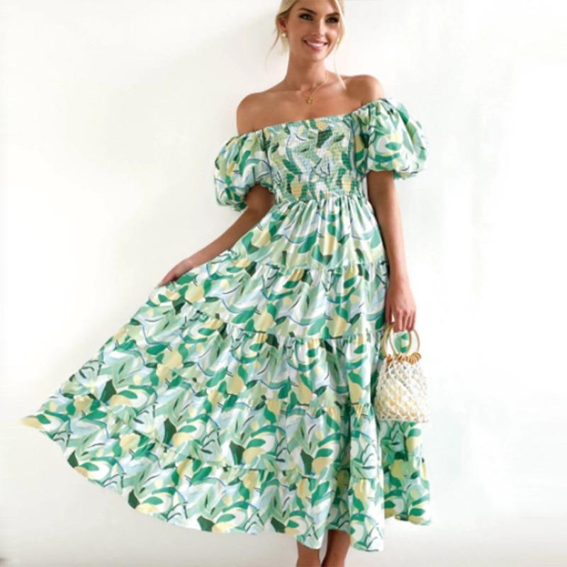 2 new women's bohemian print one-word shoulder holiday style sexy loose dress