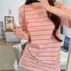 Women's Casual Loose Long T-Shirt Colorful Stripe Round O-Neck TShirt Ladies Fashion Short Sleeve Summer Plus Size Oversize Medium Nylon