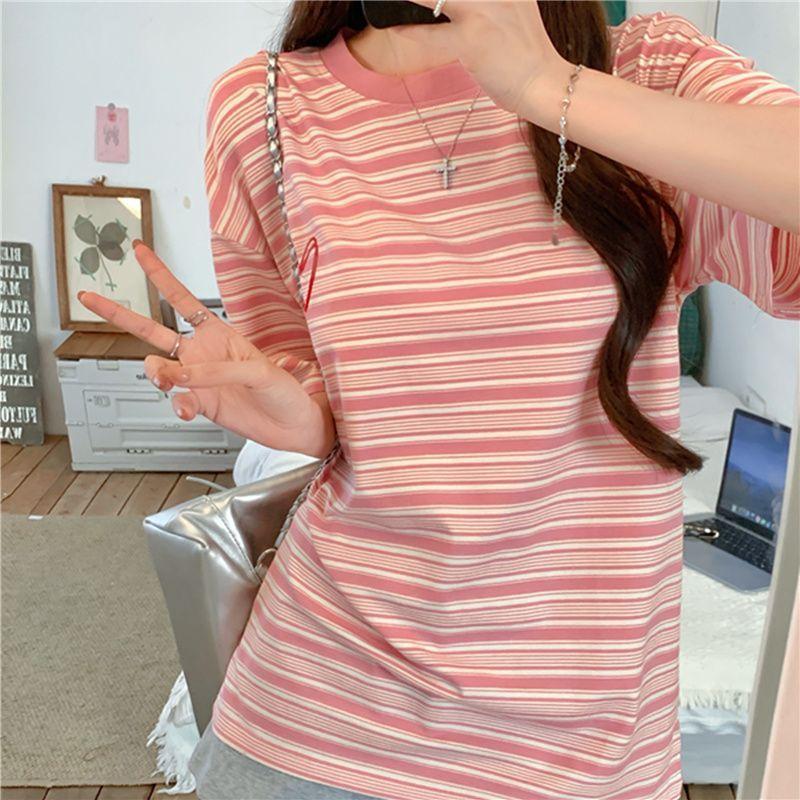 Women's Casual Loose Long T-Shirt Colorful Stripe Round O-Neck TShirt Ladies Fashion Short Sleeve Summer Plus Size Oversize Medium Nylon