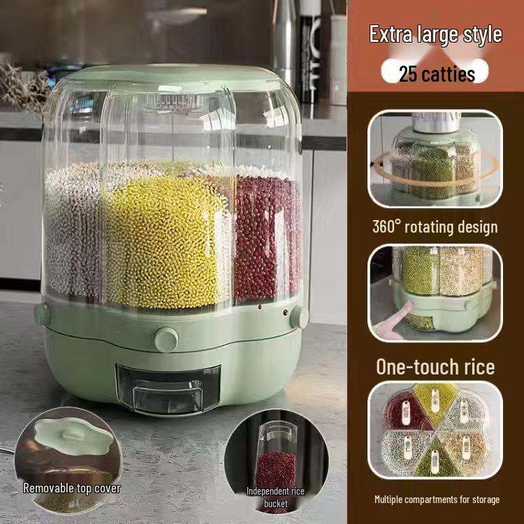 

Вращающийся дозатор риса: Контейнер для хранения, защищенный от насекомых и влаги, с разделенными отсеками для зерна