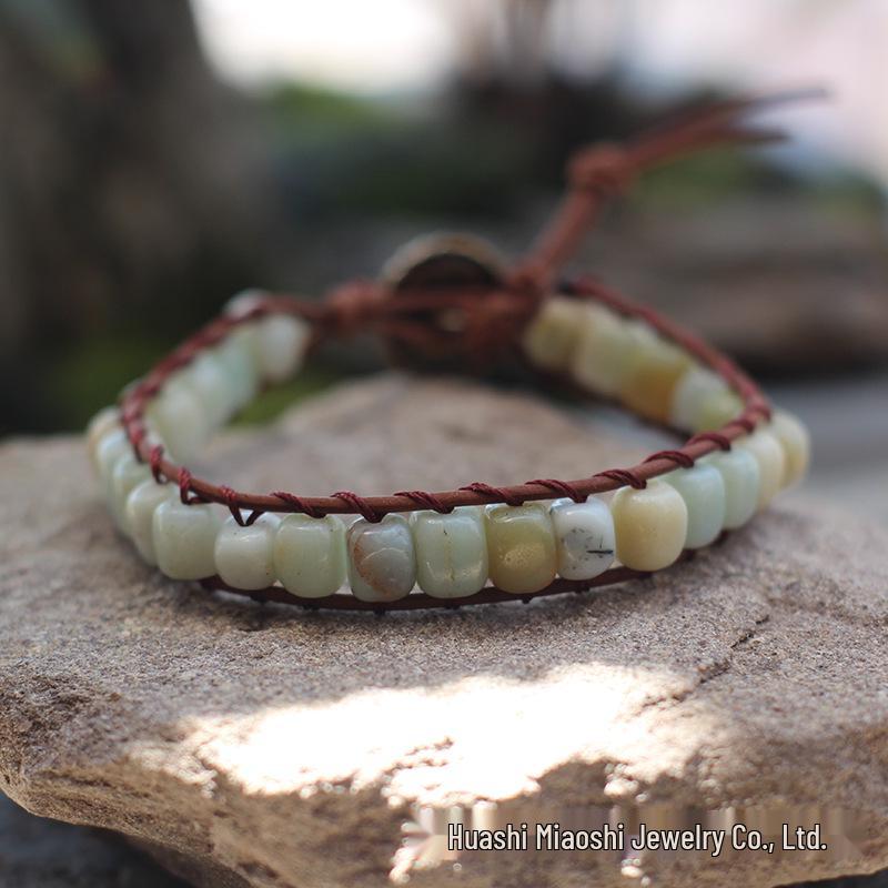 Freeform Shoushan Stone 5x7 Emperor Leather Woven Bohemian Bracelet