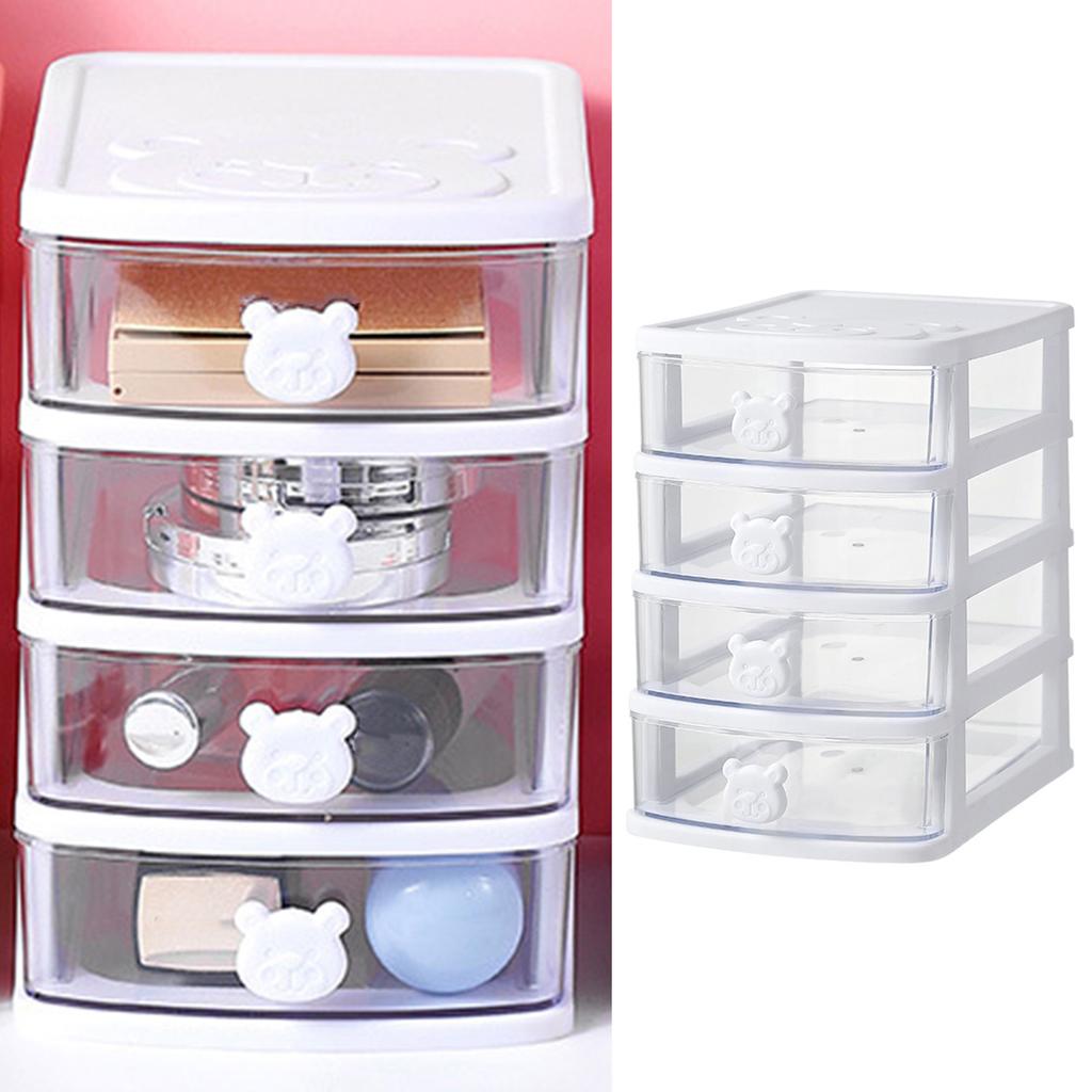 Drawer Organizer 4 Tier Cute Bear Handle Stackable Transparent Look Desktop Storage Box for