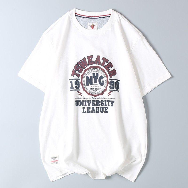 Export Surplus All-Cotton Washed and Brushed Men's Casual Versatile Letter Print Round Neck Short-Sleeve T-Shirt Trendy Base Shirt