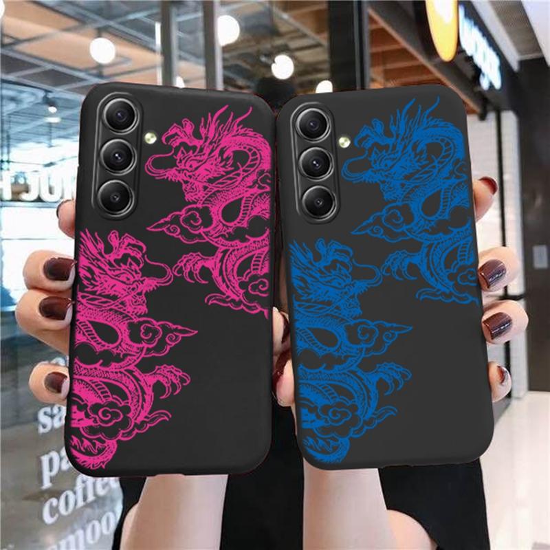 Chines Loong Patterned Soft Silicone Black Case For Xiaomi Redmi Note 13 Pro 13C Poco C65 Samsung A55 S24 iPhone Camera Protective Shockproof Cover