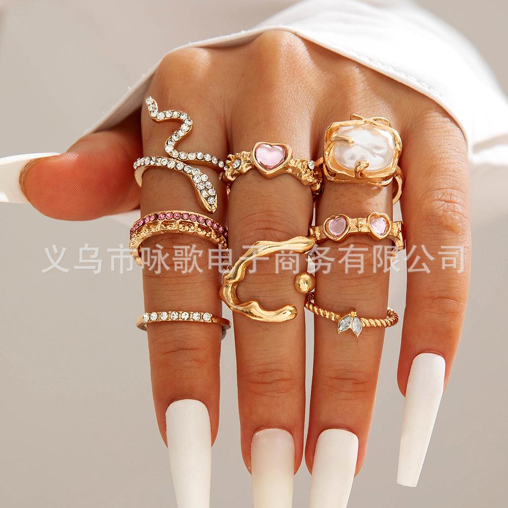 European and American Jewelry Fashion Irregular Special-shaped Love Imitation Gemstone Lava Bud Split Ring Nine-piece Set for Women