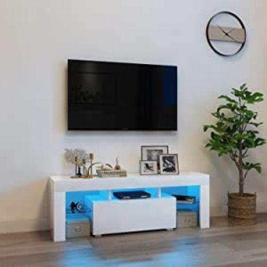 Low Board with TV Low TV Board with LED TV Width Mirror TV TV Living White BO-RION Storage, Stand, Type, Lighting, White, Rack, 130cm, Surface, Stand,