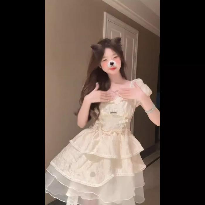 Sweet bow puffy dress women waist thin summer small super fairy dating mesh puffy skirt S