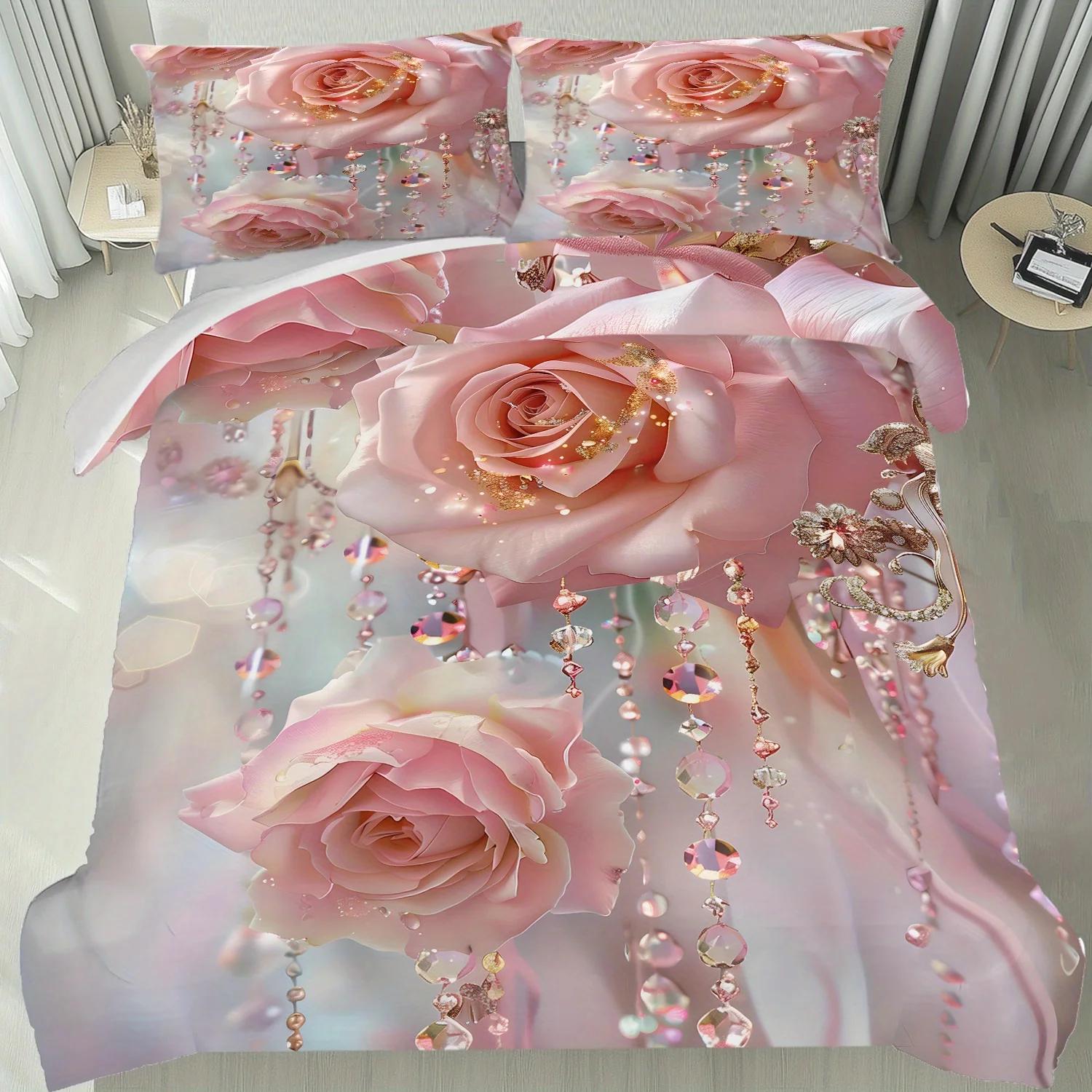 

Mokalala 3Pcs Pink Rose Crystal Luxury Duvet Cover Set Queen Size With 1 Quilt Cover And 2 Pillowcases For Bedding Accessories EU Twin(135x200cm)