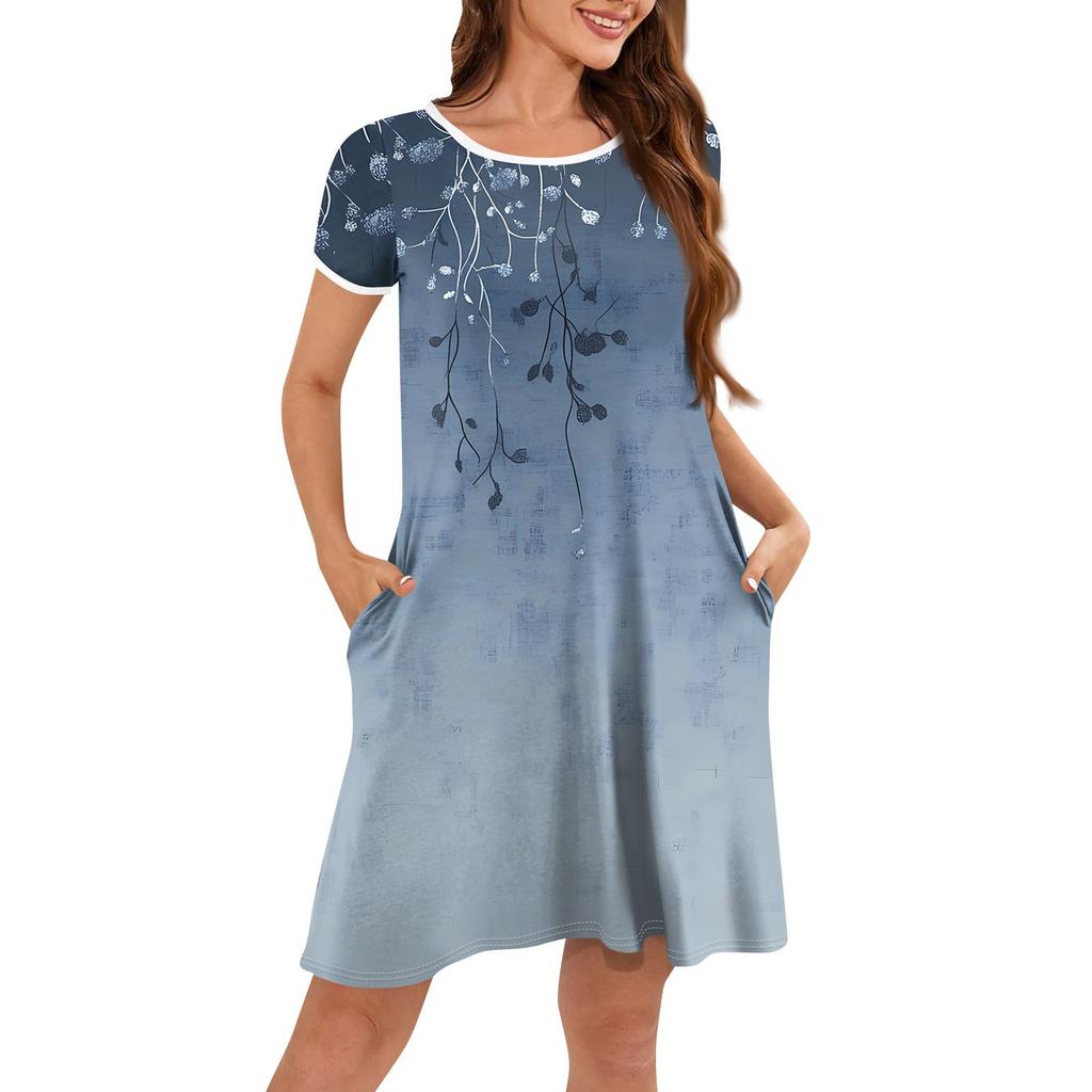Women's Fashion Casual Floral Print Dress Round Neck Short Sleeves Miniskirt